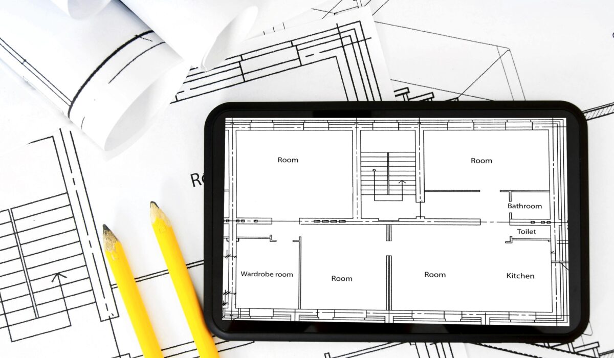 Tablet, drawings and working tools.